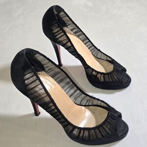 Christian Louboutin Follies Resille Mesh Satin Peep Toe Platform Pumps Black 40